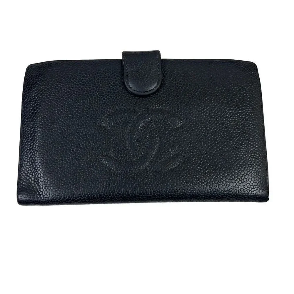 Chanel Black Caviar Leather CC Logo Long Wallet